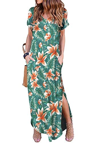 Camdoria Tshirt Dresses V-Neck Beach Printed Split Maxi Sundresses for Women Casual Short Sleeve Summer Casual Swing Dress with Pockets Long M OrangeFlowerBlue - Image 1