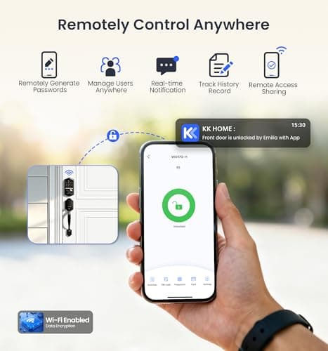 Veise VE017G Wi-Fi Keyless Entry Door Lock, App Remote & Voice Control, Fingerprint Smart Locks for Front Door, Touchscreen Electronic Keypad Deadbolt, Auto Lock, Emergency Power Port, Satin Nickel - Thumbnail 3