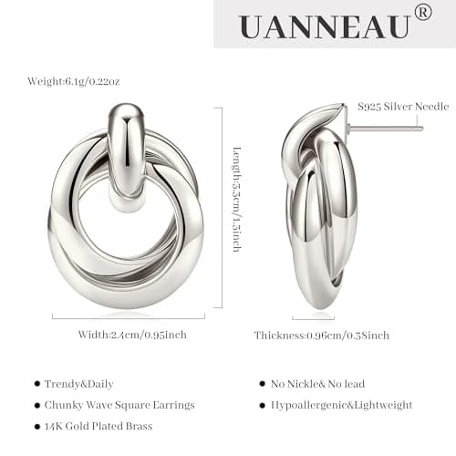 UANNEAU Chunky Silver Earrings for Women Trendy 14k Gold Plated Statement Triangle Stud Earrings Hypoallergenic Lightweight Geometric Vintage Drop Earring Jewelry - Thumbnail 6