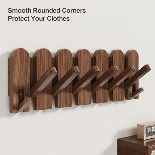 Sueuapp Walnut Wood Coat Rack Wall Mount,16.5" Wall Mounted Coat Rack with 8 Retractable Hangers,Heavy Duty Coat Hooks for Hanging Coats,Hats,Towels,Bags,Key Holder for Entryway - Thumbnail 5