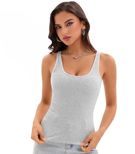 Womens Ribbed Tank Tops Built in Bra Neck Cami Tops Sleeveless Summer Y2k Going Out Crop Tanks Casual Cami Shirts Trendy 2025 (Light Grey,L) - Thumbnail 5