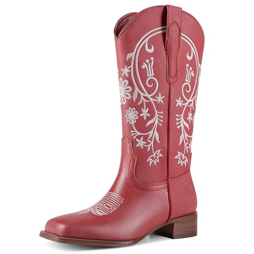 UJPFEO Cowboy Boots for Women Mid Calf Cowgirl Boots Square Toe Pull On Low Chunky Heel Embroidery Western Boots - Image 1