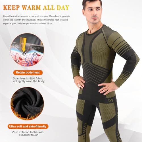 MeetHoo Mens Thermal Underwear Set Seamless Fleece Lined Base Layer Sports Long Johns Winter Gear Running Skiing Green - Thumbnail 2