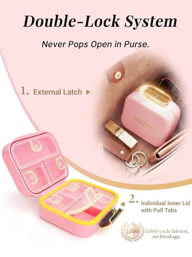 Small Pill Case Travel Pill Box with 7 Compartments for Purse - Compact Pill Organizer for Medicine Vitamin - Portable Container for Fish Oil & Supplements - Soft Pink - Thumbnail 3
