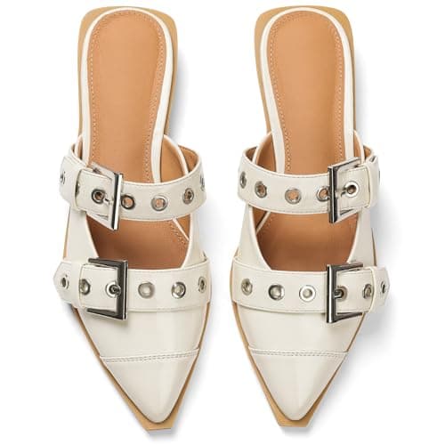 Grakihily Buckle Flats for Women Pointy Toe Wide Welt Buckled Mules Low Block Heel Slippers Mary Jane Shoes Comfortable Ballerina Flats - Thumbnail 5