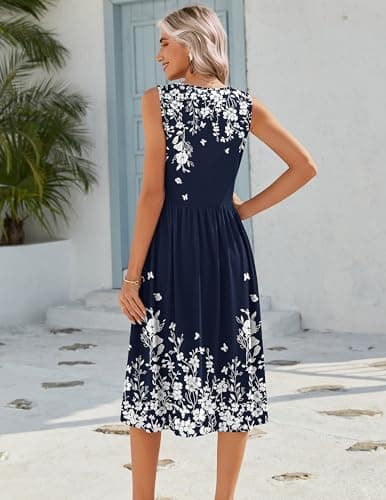 HOTOUCH Womens Casual Sleeveless Dress Floral A-Line Midi Tunic Dress Summer Loose Aline Tank Shift Dresses Tropical Beach Vacation Sundress - Thumbnail 6