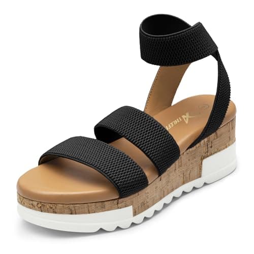 Athlefit Women's Casual Cork Platform Wedge Sandals Open Toe Elastic Ankle Strap Flatform Sandals for Summer, Black, Size 6, AD00102