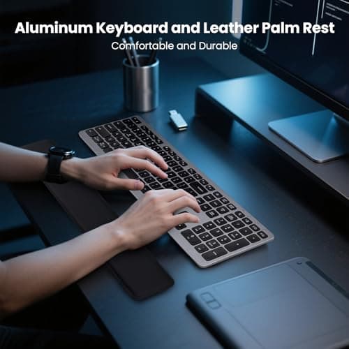 Wireless Keyboard, Bluetooth Keyboard with Leather Palm Rest, Backlighting, Multi-Device Pairing, USB C Rechargeable, for Windows, Mac, iOS, Android, Chrome, Office, Students, Long Hours Typing - Thumbnail 2