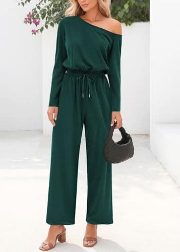 Lazysmile Jumpsuits For Women Dressy Long Sleeve Off Shoulder One Piece Wide Legs Rompers Casual Fall Outfits with Pockets - Thumbnail 6