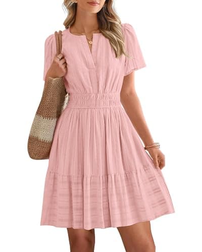 BTFBM Womens Spring 2026 Casual Mini Dresses Lightweight Short Sleeve V Neck Elastic Waist Cute Boho Beach Dress Pockets(Pink, Medium) - Image 1