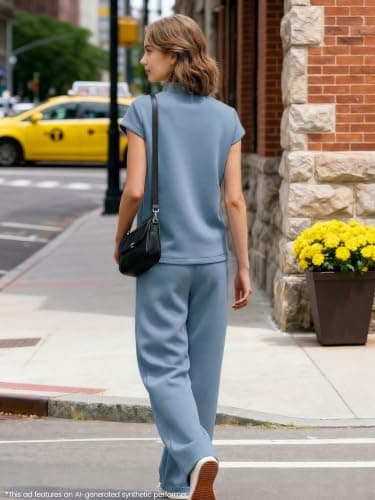 Casly Lamiit 2 Piece Outfits for Women Mock Neck 2 Piece Outfits Cap Sleeve Tops Pant Sets Summer Travel Airport Casual Beach Cruise Outfit Blue Grey S - Thumbnail 4