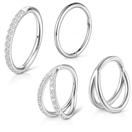 AOzT 4Pcs 16G Nose Rings Hoops - 10mm Septum Clicker Rings for Women Men, 316 Stainless Steel Hinged Nose Hoop Piercing Jewelry for Septum Cartilage Tragus Helix Lip, Silver - Image 1