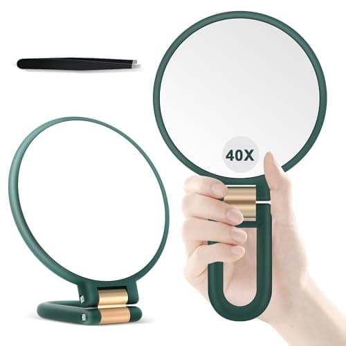 B Beauty Planet 40X Magnifying Mirror, Hand Mirror with Handle, Double Sided Hand Mirror with 40X/1X Magnification, Travel Essential Portable Foldable Makeup Mirror for Precision Makeup Green - Image 1