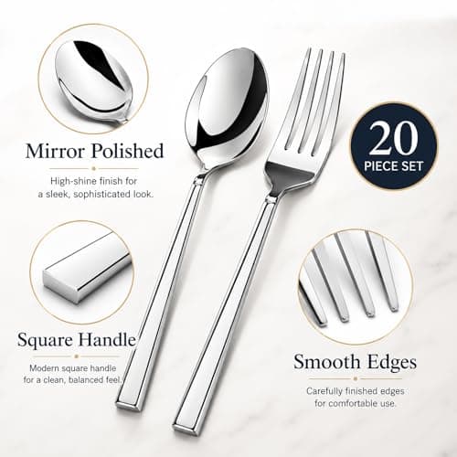 WANGYUANJI 20-Piece Stainless Steel Flatware Set for 4, Modern Mirror Polished Silverware Set, Heavy-Duty Cutlery with Ergonomic Square Handle, Dishwasher Safe Tableware for Home, Kitchen, Restaurant - Thumbnail 4