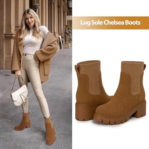 Athlefit Women's Brown Chelsea Boots Fall Platform Ankle Suede Boots Slip on Chunky Lug Sole Boots Size 7.5 - Thumbnail 2