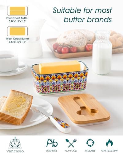 vancasso SIMI Butter Dish with Lid, 6.5" Large Butter Dish for Countertop, Bohemian Ceramic Butter Keeper Container with Knife and Bamboo Lid, Butter Holder for Counter, Golden Bloom - Thumbnail 3