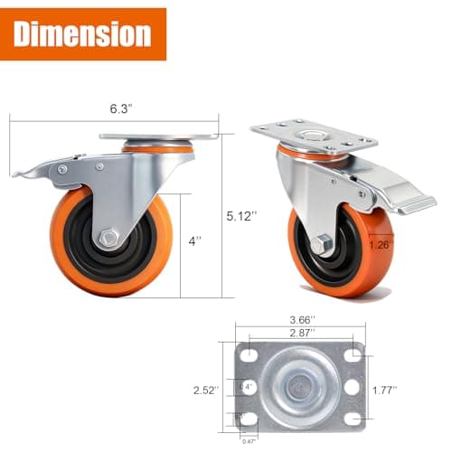 TESUMI Caster Wheels 4" Inch Heavy Duty Casters Set of 4 with Brake 2200lbs Capacity Swivel Plate Industrial PU Wheel Locking Casters Quiet No Scratch for Cart, Furniture, Cabinet, Workbench - Thumbnail 3