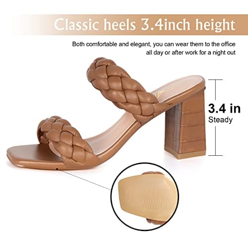 Athlefit Braided Heeled Sandals for Women Fashion Square Open Toe Comfortable Slip on Block Tan Heels Size 8.5 - Thumbnail 4
