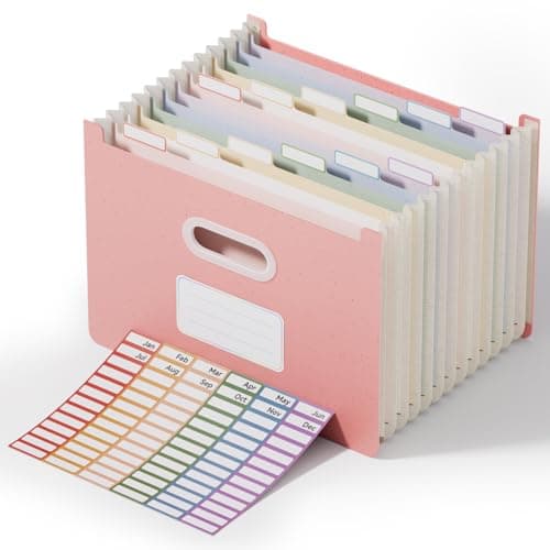 ThinkTex 12-Pocket Accordion File Organizer, Upright Open Top, Monthly Tabs, High Capacity Wheat Straw Expanding File Folder, Fits Letter A4 & Manila Folders for School Home Office -Strawberry Pink