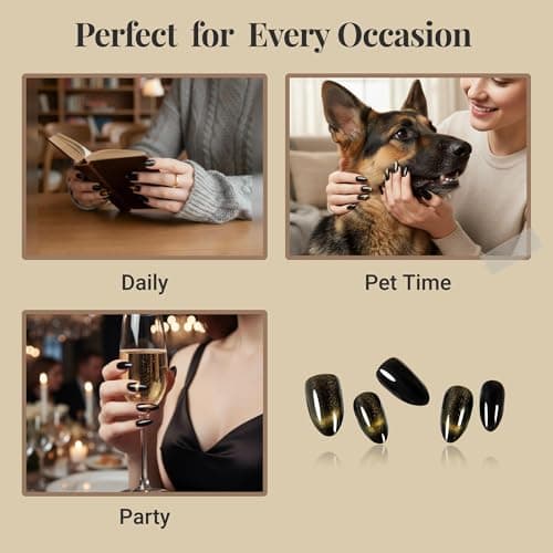 Glue On Nails Almond Black Goth - Cat Eye Mysterious Shine Handmade Reusable Nails for Gothic Chic Look, 24 Nails in 12 Sizes with Glue, Adhesive Tabs, File, Prep Pad, Manicure Stick - Thumbnail 4