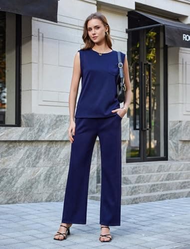 difficort 2 Piece Lounge Set Women CrewNeck Casual Sleeveless Tops Straight Leg Pants Matching Outfits,Navy,Large - Thumbnail 6