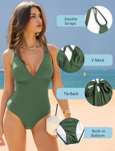 ZAFUL Swim Suits for Women 2026 Sexy One Piece Bathing Suit Cheeky Slimming Push Up Tummy Control Swimsuits Deep V Neck High Cut Beach Swimwear Double Straps Cross Back Tie Romper Swimsuits Green M - Thumbnail 4