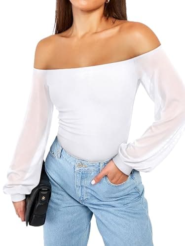 REORIA Womens Going Out Off The Shoulder Sheer Mesh Puff Long Sleeve Thong Bodysuit Tops White Medium - Thumbnail 2
