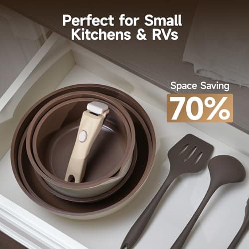 Filbee 17-Piece RV Pots and Pans Set with Detachable Handle, Stackable Nonstick Cookware Set, Thickened Base Brown Cookware Set, Ceramic Pots and Pans Set for Camper(PFOS, PFOA Free) - Thumbnail 4