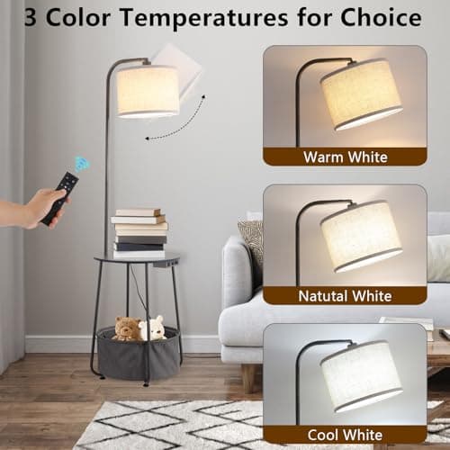 YJSQOEOE Floor Lamp with Cat Bed and Charging Station, Adjustable Lampshade, 3 Color Temperatures, Remote & Rocker Switch Control, Standing Lamp with USB & AC Outlets for Living Room Bedroom, Gray - Thumbnail 2