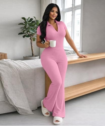 ABKY Two Piece Sets For Women Summer Ribbed Short Sleeve V Neck Polo Top Wide Leg Pants Set Casual Tracksuit Brunch Outfits Pink M - Thumbnail 2