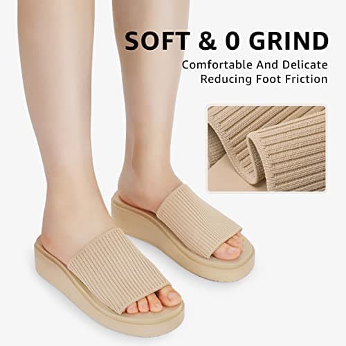STQ Womens Platform Sandals Nude Knit Cloud Slides Cute Chunky Slide Sandals with Comfortable Memory Foam, Taupe, 6 US - Thumbnail 4