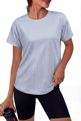 Alaroo Workout Tops for Women Short Sleeve T-Shirts Loose Fit Fitness Clothing Camisetas Deportivas para Mujer 2026 Blue Stripes L - Image 1