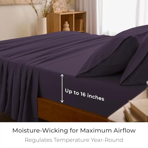 Mellanni California King Sheet Set - 6-Piece Iconic Collection Bedding, (Including 4 Pillowcases), 16-Inch Deep Pocket, Easy Care, Extra Soft, Cooling Sheets, Brushed Microfiber - Purple - Thumbnail 4