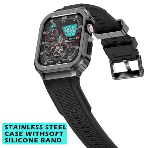 Deczone Band with Stainless Steel Case Compatible with Apple Watch Series 9 8 7 45mm Band, iwatch Bands Rugged Metal Protective Cover for Men (Grey) - Thumbnail 2