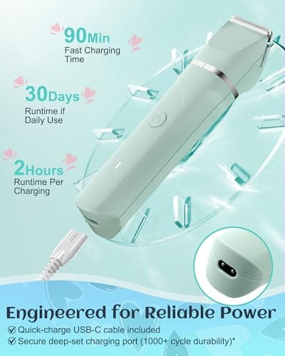 Bikini Trimmer Women,Electric Razor for Pubic Hair Women's Foil Shaver Rechargeable Shaver Removal with Snap-in Ceramic Blades,IP7X Waterproof,Wet and Dry Use,Green - Thumbnail 5