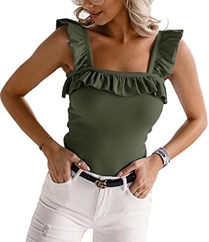 CNJFJ Womens Cute Sleeveless Tank Tops Ruffle Strap Square Neck Blouse Solid Color Knitted Camisole - Image 1
