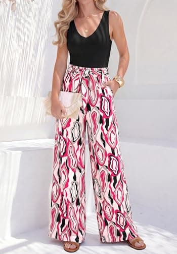 BTFBM Two Piece Sets For Women Summer 2026 Spring Outfits Casual Sleeveless Wide Leg Pants Sets Beach Vacation Clothes(Floral White Rose Red, XX-Large) - Thumbnail 5