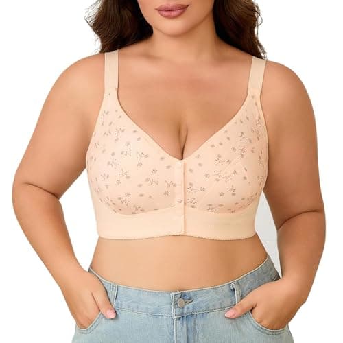 Daisy Bras for Older Women Front Closure – Wireless Plus Size Bra, No Underwire, Comfortable Snap Closing Bra for Seniors (US, Alpha, 4X-Large, Plus, Regular, Nude)