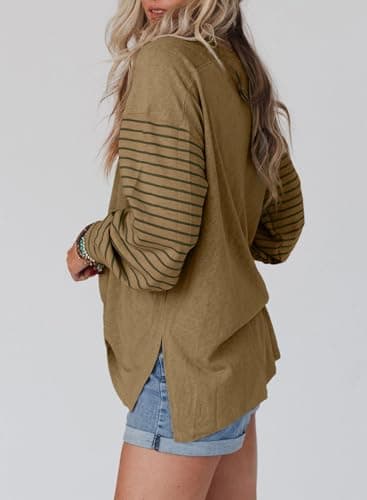 Dokotoo Womens Sweatshirt Long Sleeve Shirts Trendy Cute Tops 2025 Spring Fashion Outfits Business Casual Dressy Blouses Striped Oversized Crewneck Tshirts Sweaters Loose Fit Tunic Women Pale Khaki - Thumbnail 4