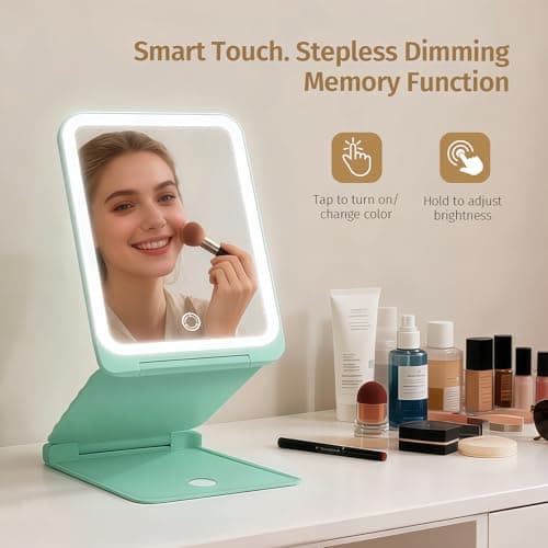 INFOOD Travel Makeup Mirror - Rechargeable LED Vanity Mirror 7.8x5 Inches with 1X/3X Magnifying, 3 Color Dimmable Light, Touch Screen, Foldable Design with Stand, Portable for Travel, Mint Green - Thumbnail 4