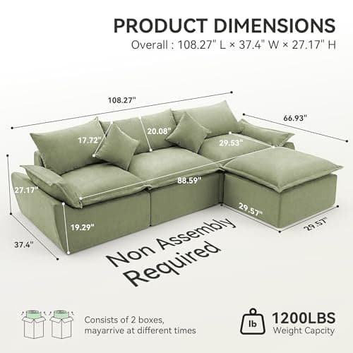 ceamorfco 108" Modern L-Shaped Modular Sectional Sofa for Living Room, Corduroy Upholstery Green, Oversized 3-Seater Couch with Deep Seat and Movable Ottoman – No Assembly - Thumbnail 2