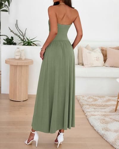 BTFBM Summer Maxi Dresses for Women 2026 Strapless Ruched Tube Top Beach Vacation Spring Wedding Guest Dress Pockets(Green, X-Large) - Thumbnail 3