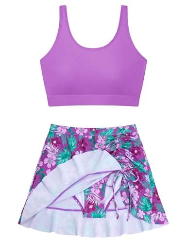 DAXIANG Teens Girls Two Piece Swimsuit Modest Ruffle Skirt Bathing Suit Adjustable Straps Tankini Set Removable Padded Purple Size 14 - Image 1