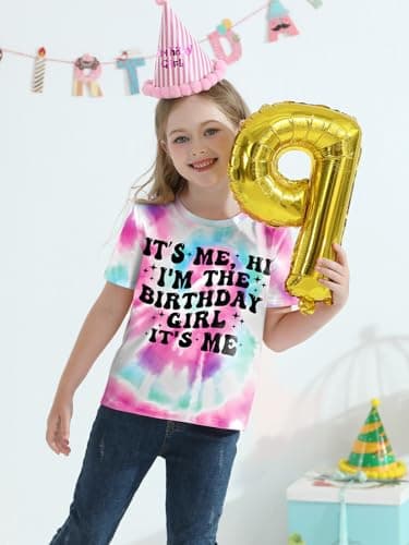Birthday Girl Shirt Its Me Hi Im The Birthday Girl Its Me T-Shirts Kids Short Sleeve Tee Outfit Size 10-12 Tie Dye Purple - Thumbnail 2