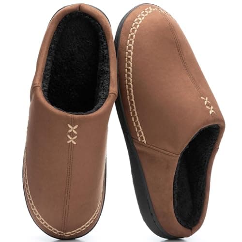 GOEWY Mens Moccasin Slippers with Memory Foam Indoor Outdoor House Shoes Non-Slip Men's Slipper Warm Comfy Slippers for Men Gifts for Men Him Dad Coffee 9 10 - Image 1