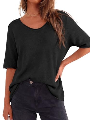 BTFBM Sweaters for Women 2026 Summer Oversized Half Short Sleeve Knitted Pullover V Neck‌ Casual Loose Fit Spring Tops(Black, X-Large) - Thumbnail 2