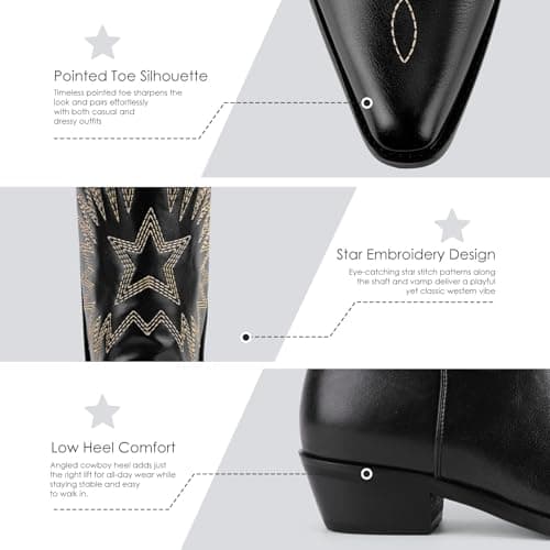 QIV Black Mid Calf Boots for Women Short Western Cowgirl Boots With Star Embroidery Pointed Toe Low Heel Easy Pull-On Fit Size 8 - Thumbnail 6