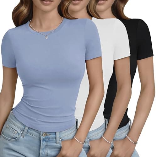 GAYHAY 3 Pack Basic Tees for Women - Crew Neck Slim Fit Tight T Shirts Cute Y2K Trendy Crop Tops Clothes for Casual Summer 2025 Black White Haze Blue - Image 1