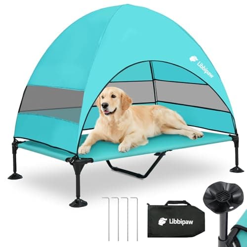Libbipaw Windproof Elevated Dog Bed with Canopy & Stakes, 3-Sided 90% UV Block, Chew-Proof Teslin Mesh Mat for Large Dogs up to 150lbs(Blue X-Large)