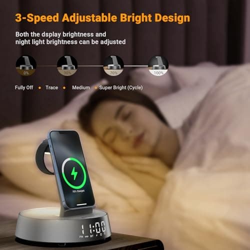 Alarm Clock Charging Station for Bedrooms, Wireless Charging Station with Dimmable Night Light Bluetooth Speaker, Wireless Charger for iPhone 17 16 15 14 13 12 Pro Max, iWatch 11 - Thumbnail 4